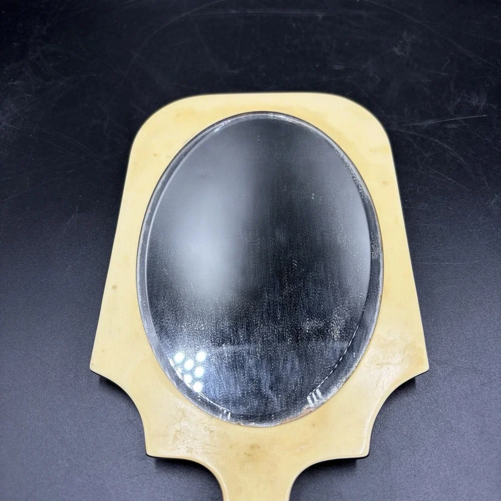 Vintage Art Deco Celluloid Or French Ivory Hand-Held Vanity Mirror Long Handle